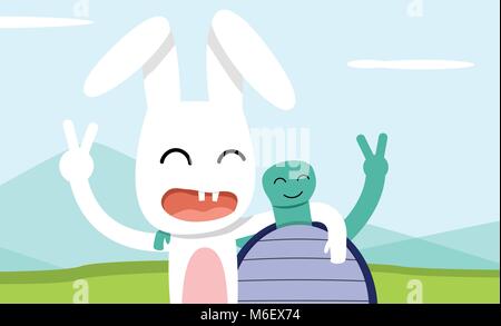 Lepre e Tartaruga scattare foto insieme, vector art design Illustrazione Vettoriale