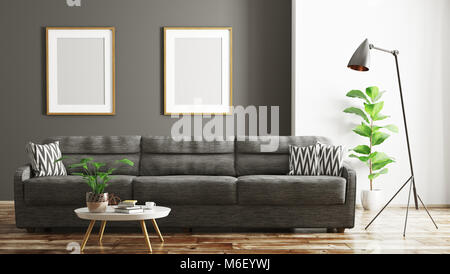 Interni dal design moderno di salotto con divano nero e mock up telai 3d rendering Foto Stock