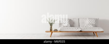 Interno del soggiorno con divano bianco stile scandinavo, panorama 3d rendering Foto Stock