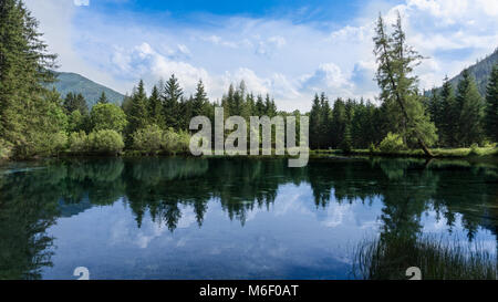 Vista panoramica di un incontaminato, crystal clear, lago di montagna con belle foreste di abete rosso il suo rivestimento rive Foto Stock