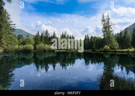 Bellissimo paesaggio panoramico con vibranti, verde bosco riflettendo nel freddo, limpide acque di un lago alpino su una soleggiata giornata estiva Foto Stock