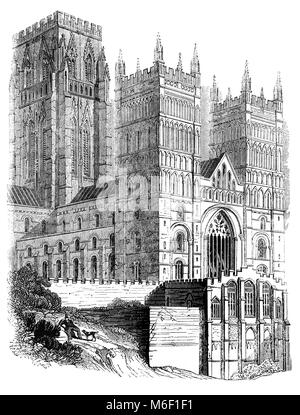 Il Normanno cattedrale romanica Chiesa di Cristo, la Beata Maria Vergine e St Cuthbert di Durham, comunemente noto come la Cattedrale di Durham è la casa del santuario di St Cuthbert. La presente cattedrale della città di Durham, Inghilterra, sostituito il decimo secolo "Chiesa bianca", una fondazione monastica di alloggiamento del santuario di San Cutberto di Lindisfarne. I suoi tesori includono le reliquie di San Cutberto, la testa di San Oswald di Northumbria e resti di Beda il Venerabile. La sua libreria contiene uno dei la più completa serie di primi libri stampati in Inghilterra e tre copie di Magna Carta Foto Stock