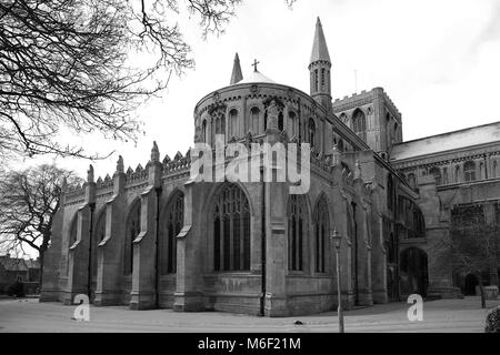 In inverno la neve sulla città di Peterborough Cathedral, Cambridgeshire; Inghilterra; Gran Bretagna; Regno Unito Foto Stock