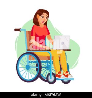 Donna disabile persona vettore di lavoro. Donna seduta in sedia a rotelle. Disabili e di recupero. Piatto illustrazione Cartoon Illustrazione Vettoriale