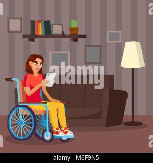 Donna disabile vettore. Vivere con disabilità. Sorridente femmina disabili. Isolato su bianco personaggio dei fumetti illustrazione Illustrazione Vettoriale