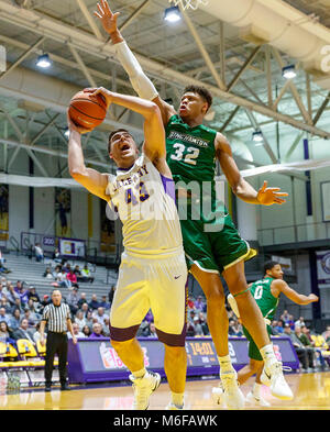 Albany, NY, STATI UNITI D'AMERICA. Il 27 febbraio, 2018. Università di Albany di pallacanestro degli uomini di sconfitte Binghamton University 71-54 al SEFCU Arena, 27 febbraio 2018. Greg Stire (#43). (Bruce Dudek/Cal Sport Media/Eclipse Sportswire) Credito: csm/Alamy Live News Foto Stock