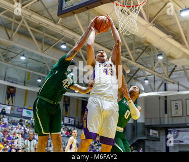 Albany, NY, STATI UNITI D'AMERICA. Il 27 febbraio, 2018. Università di Albany di pallacanestro degli uomini di sconfitte Binghamton University 71-54 al SEFCU Arena, 27 febbraio 2018. Greg Stire (#43). (Bruce Dudek/Cal Sport Media/Eclipse Sportswire) Credito: csm/Alamy Live News Foto Stock