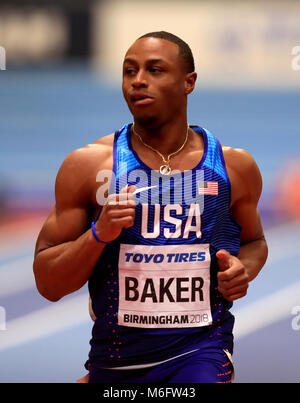 Stati Uniti d'America's Ronnie Baker vince il Uomini 60m Semi-Final 3 di calore durante il giorno e tre del 2018 IAAF Indoor campionati mondiali all'Arena di Birmingham. Foto Stock