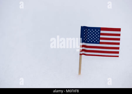 Piccoli Stati Uniti d'America bandiera fatta di carta marrone con uno stuzzicadenti sul bianco della neve sullo sfondo. Foto Stock