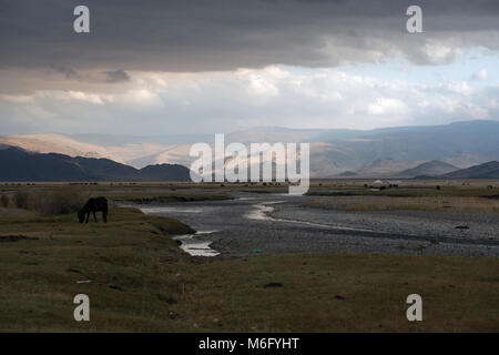 Nomadi lifestyle kazako nel vasto, remote montagne di Altai in Mongolia occidentale. Foto Stock