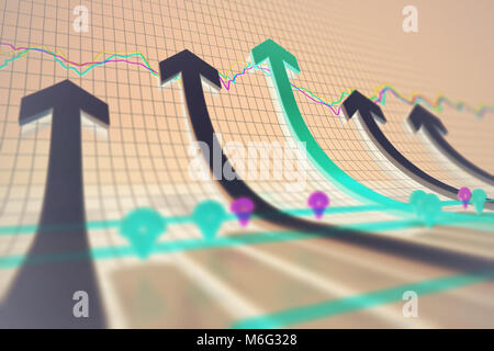 Finanziarie del mercato azionario di grafici, frecce e grafici a barre, il successo aziendale e il miglioramento, statistiche Foto Stock