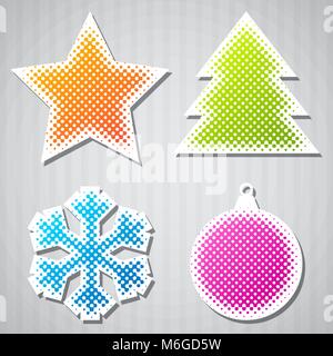 Vettore di Natale gli adesivi con albero, star, il simbolo del fiocco di neve, a sfera Illustrazione Vettoriale
