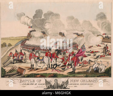 Battaglia di New Orleans e la morte del generale maggiore Pakenham l 8 gennaio 1815 - Battaglia di New Orleans dal punto di vista britannico, come le forze britanniche anticipo sui lavori di sterro o barricate dal quale le forze americane, sotto il comando di Andrew Jackson, respingere l'attacco. Include un remarque stampato in basso al centro che mostra una testa e spalle ritratto di Andrew Jackson, leggermente rivolta verso sinistra, con bandierine americane e varie armi. Figure di spicco sono identificate dal numero entro la stampa, non vi è tuttavia alcun tasto corrispondente. In questa stampa, maggiore generale Lambert (n. 3) Foto Stock