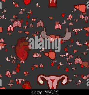 Gli organi umani seamless doodle pattern. Pattern sul tema medico degli organi polmoni, utero, lo stomaco, il cuore, il fegato. 10 eps Illustrazione Vettoriale