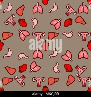 Gli organi umani seamless doodle pattern. Pattern sul tema medico degli organi polmoni, utero, lo stomaco, il cuore, il fegato. 10 eps Illustrazione Vettoriale