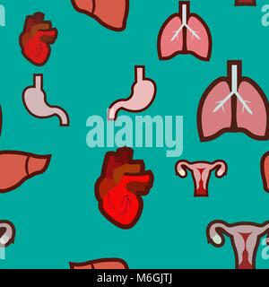 Gli organi umani seamless doodle pattern. Pattern sul tema medico degli organi polmoni, utero, lo stomaco, il cuore, il fegato. 10 eps Illustrazione Vettoriale