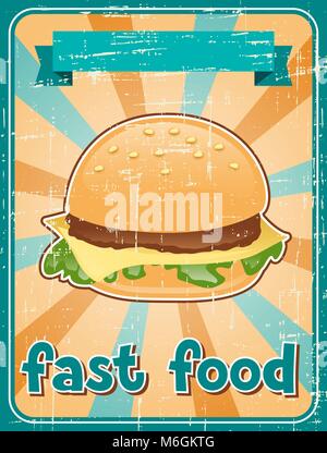 Il fast food sfondo con hamburger in stile retrò Illustrazione Vettoriale