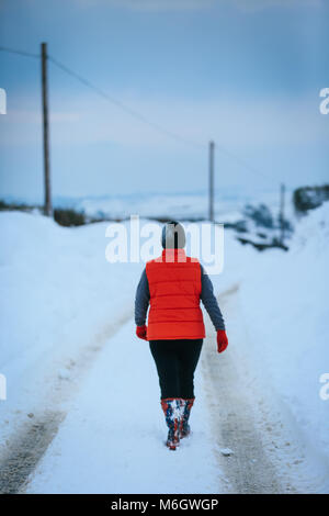 After Effects di tempesta Emma è visto nel borgo marinaro di Abersoch, con pesanti derive di neve, vento, neve sulla spiaggia e un porto congelati. Foto Stock