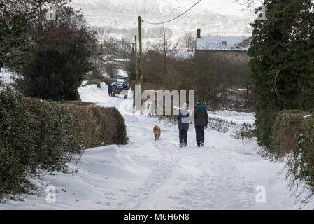 Dog walkers su un paese nevoso lane nella campagna inglese. Trattore in cumuli di neve più in giù lungo la strada. Foto Stock