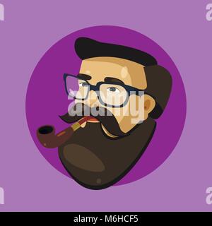 Ritratto di vettore di uomo barbuto hipster in bicchieri con il tubo laterale. Illustrazione Vettoriale