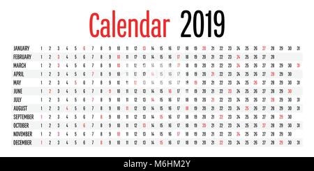 2019 Calendario modello Design Illustrazione Vettoriale semplice e chiaro Illustrazione Vettoriale