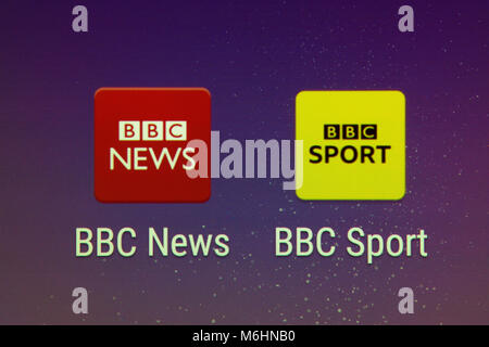 Un primo piano della BBC News e BBC Sport app su una schermata dello smartphone Foto Stock