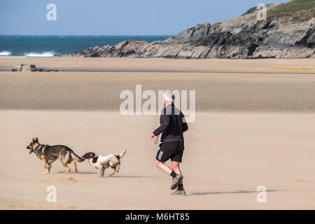 Un uomo che corre con i suoi cani su Crantock Beach in Newquay Cornwall. Foto Stock