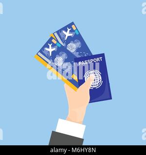 Mano che tiene il passaporto e biglietti isolato su sfondo blu Illustrazione Vettoriale