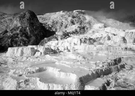 Grande misty naturale valvola di sfiato del vapore geyser incrostati di forma unica altopiani di depositi di minerali e acqua che scorre il Parco Nazionale di Yellowstone USA Foto Stock