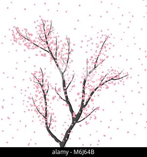 Fioritura di albero in colori rosa su sfondo bianco, arrivo della primavera Illustrazione Vettoriale
