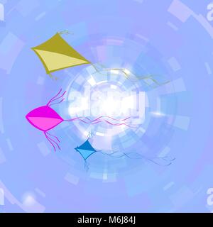 Aquiloni colorati volare nel cielo blu. Concetto di libertà. Giocattoli per bambini Illustrazione Vettoriale