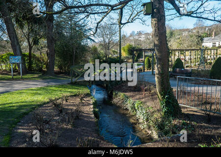 Un piccolo ruscello che scorre attraverso Trenance Gardens in Newquay Cornwall. Foto Stock