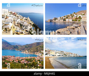 Photo collage con le isole greche - Ithaca, Santorini, Hydra, Andros Foto Stock