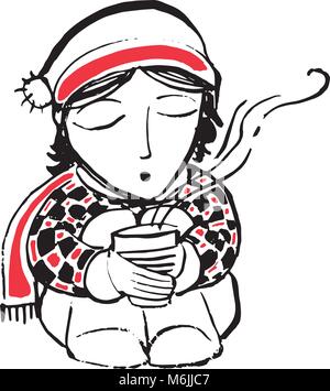 Disegnato a mano inchiostro vettore di immagine o disegno di una giovane donna con abbigliamento invernale e caffè Illustrazione Vettoriale
