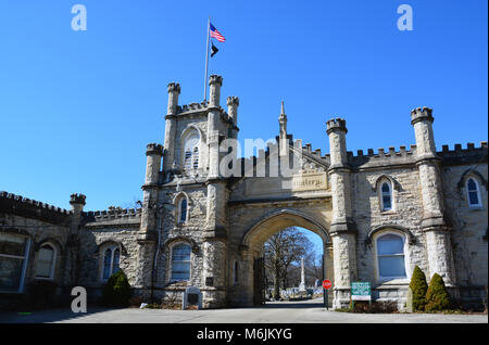 The Ravenswood Gate al cimitero Rosehill in Chicago risale al 1864 e progettato da William Boynton che fu l'architetto per la famosa Torre di acqua Foto Stock