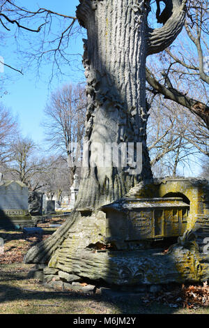 Il Cimitero Rosehill lapide di George Bangs dispone di una quercia e treno auto, Bangs sviluppato railroad mail vetture che ha accelerato la consegna di messaggi di posta elettronica Foto Stock