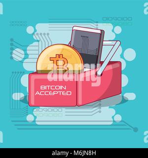 Bitcoin accettato design con carrello con bitcoin moneta e lo smartphone su sfondo blu, design colorato illustrazione vettoriale Illustrazione Vettoriale