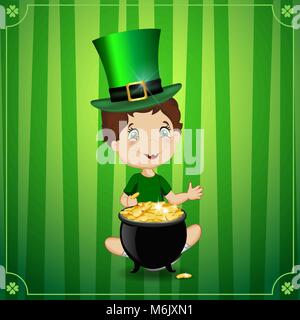 Saint Patricks giorno vettore illustrazione cartoon con grazioso ragazzo sorridente in leprechaun cosume e cappello cilindro seduto vicino al calderone con monete d oro Illustrazione Vettoriale