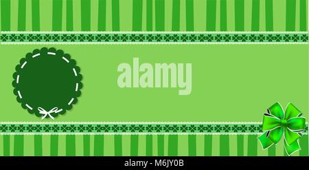 Saint Patricks giorno elegante banner con trifogli pizzi, round timbro ondulata con nastro bianco, festosa sulla prua a strisce verde dello sfondo. Illustratio vettore Illustrazione Vettoriale
