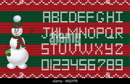 Maglia anno nuovo e alfabeto natale con pupazzo di carattere sul rosso e verde sullo sfondo del tessuto Illustrazione Vettoriale