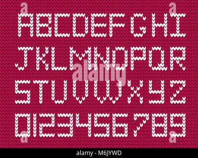 Bianco maglia alfabetici e numerici su Borgogna tessuto a maglia dello sfondo. Maglia di lettere e numeri per il design. Tessuto Natale o Capodanno script Illustrazione Vettoriale