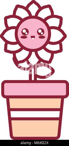 Linea piatta kawaii colorata vaso con la pianta di girasole su sfondo bianco illustrazione vettoriale Illustrazione Vettoriale