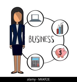 In piedi business donna con attività finanziarie icone Illustrazione Vettoriale