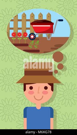 Carino giovane pensando in carriola fiori giardinaggio Illustrazione Vettoriale