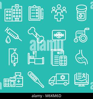 Medical raccolta di icone relative al servizio, health care. Linea bianca icone Illustrazione Vettoriale