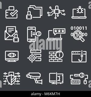 Cyber security, linea sottile design. Database di hacking, simboli lineari raccolta Illustrazione Vettoriale
