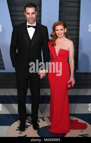 Sacha Baron Cohen e Isla Fisher frequentando il Vanity Fair Oscar Party a Beverly Hills Los Angeles, Stati Uniti d'America. Foto Stock