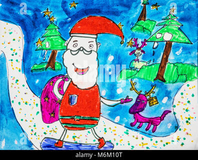 Childs disegno ad acquerello di Santa Claus in inverno Foto Stock