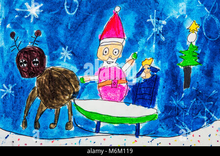 Childs disegno ad acquerello di Santa Claus in inverno Foto Stock