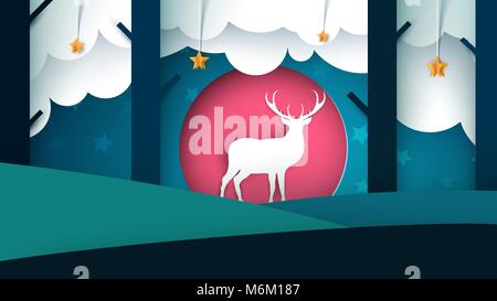 Illustrazione di cervo. Carta cartone animato paesaggio. Illustrazione Vettoriale